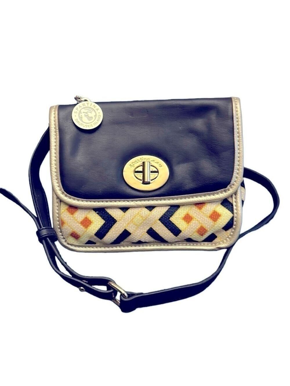 Spartina 449 Harbor Light Navy Leather and Linen Print Small Crossbody Bag